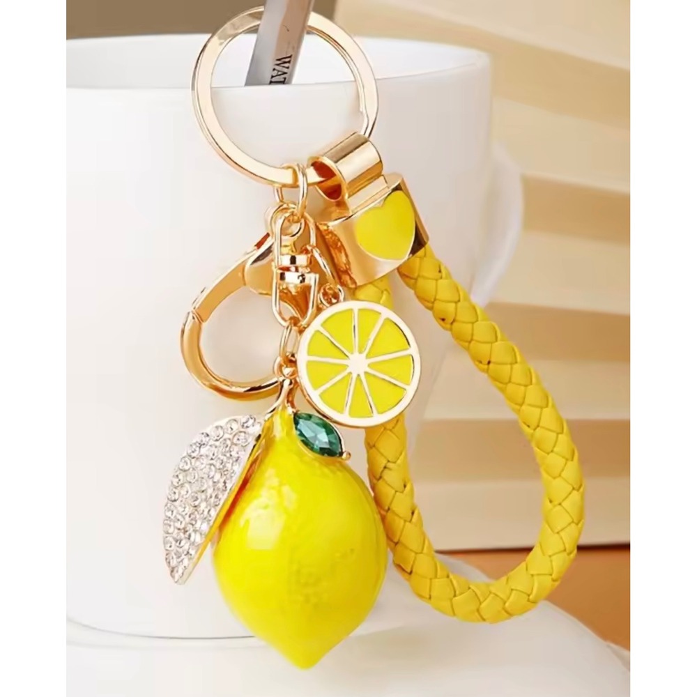 Yellow Lemon Keychain Braided Leather Strap Rhinestone Fruit Bag Charm Gold Tone